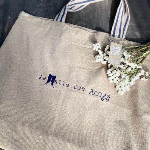 Sac de plage en coton beige recyclé ☆ La Malle des Anges by CC L60*H48- Hauteur anses 26cm